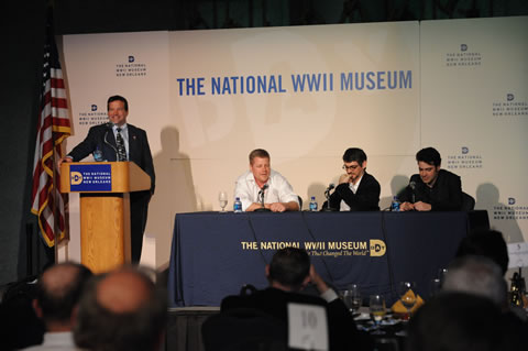 Actors Michael Cudlitz and Ron Livingston, and screen writer John Orloff headlined a conference on WWII